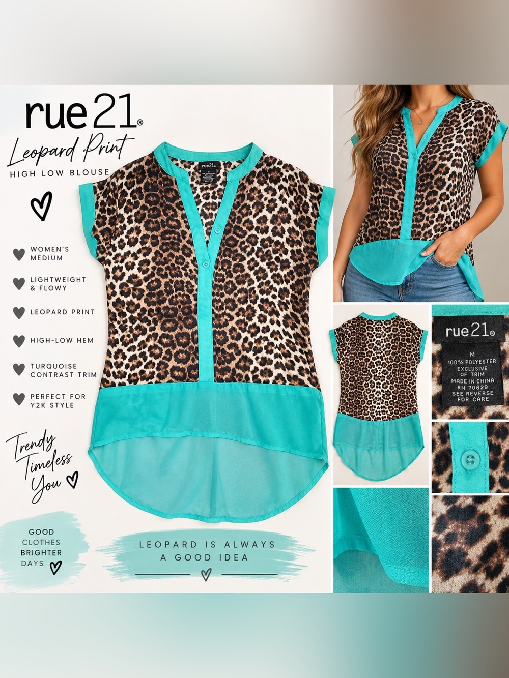Rue21 Leopard Print Top with Turquoise Trim